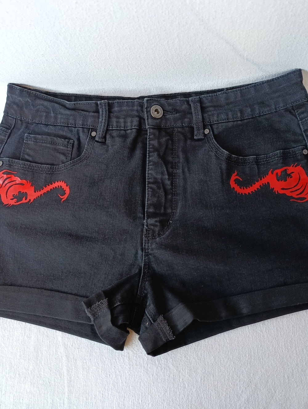 Black Denim Women's Shorts with Red Graphic Accents